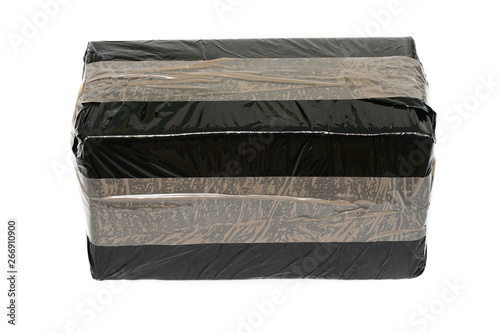 Isolated parcel wrapped with black stretch foil