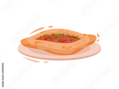 Traditional Turkish bread with filling. Vector illustration on white background.