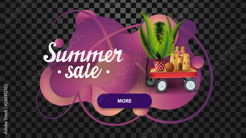 Summer sale, discount web banner in the form of lava lamp with garden cart with sand, sand castle and potted palm