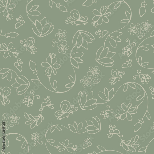 Gentle bugs and flowers seamless vector pattern.Retro gray background