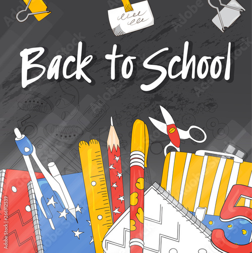 Back to school. The concept of school products. Suitable for graphic design, web banners, printing. Vector illustration on the theme of education, knowledge, learning