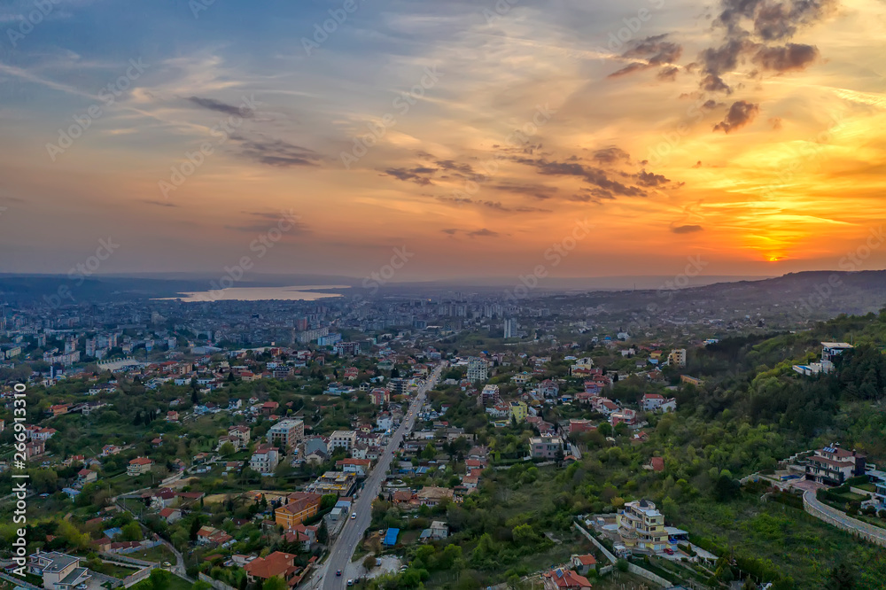 Aerial view of Varna city and sea, Bulgaria at sunset