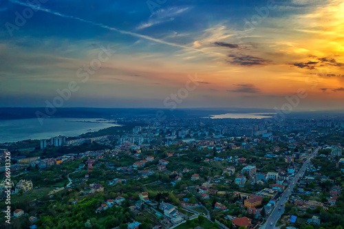 Aerial view of Varna city and sea  Bulgaria at sunset
