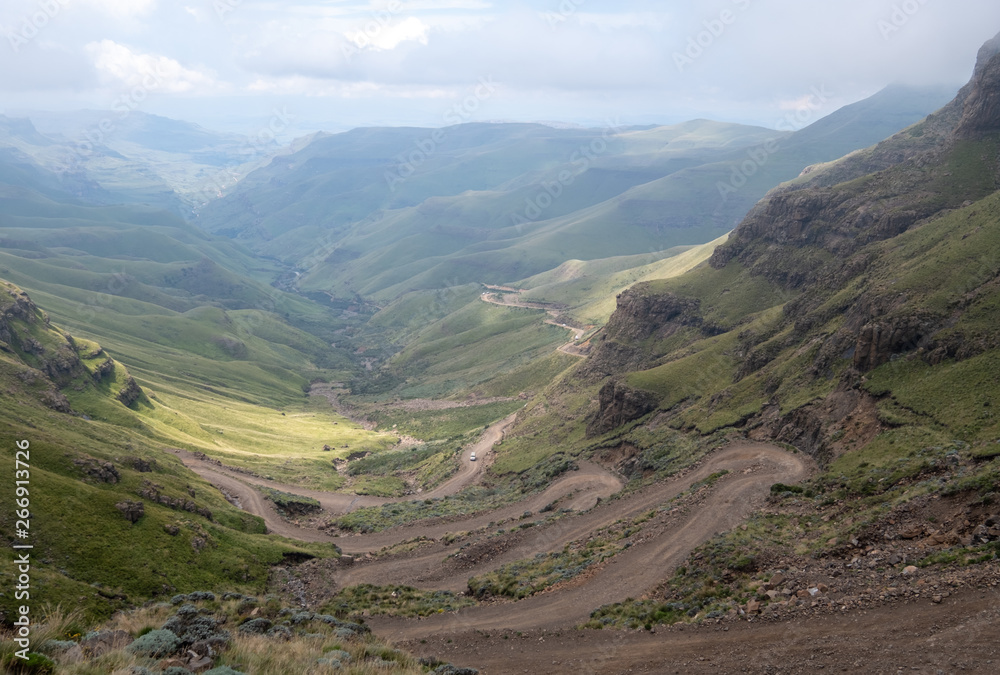 The Sani Pass, winding dirt road through the mountains connecting Underberg in South Africa to Mokhotlong in Lesotho. 