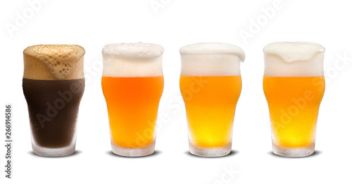 Fototapeta Set of many beer glasses with different beer isolate on white background