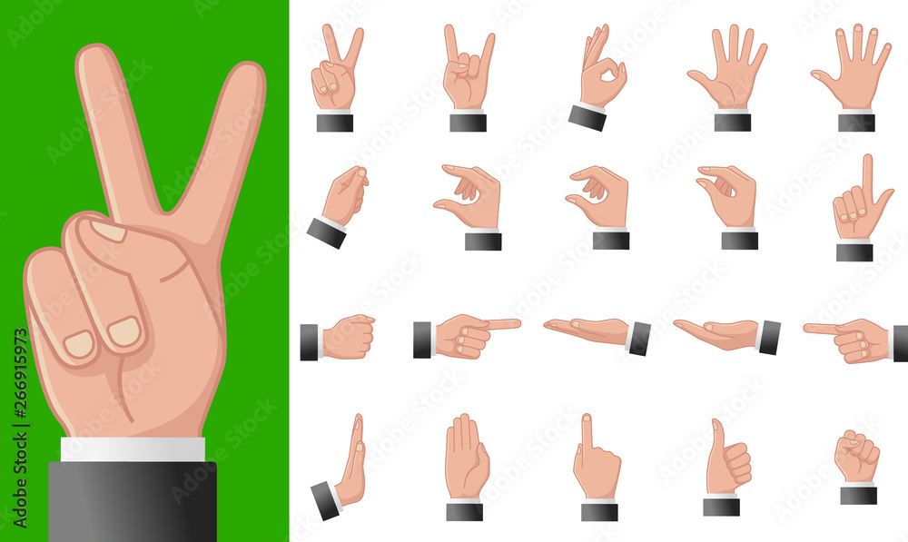 Various gestures of human hands isolated on a white background. Vector flat illustration of female hands in different situations. Vector design elements for infographic, web, internet, presentation Various gestures of human hands isolated on a white background. Vector flat illustration of female hands in different situations. Vector design elements for infographic, web, internet, presentation