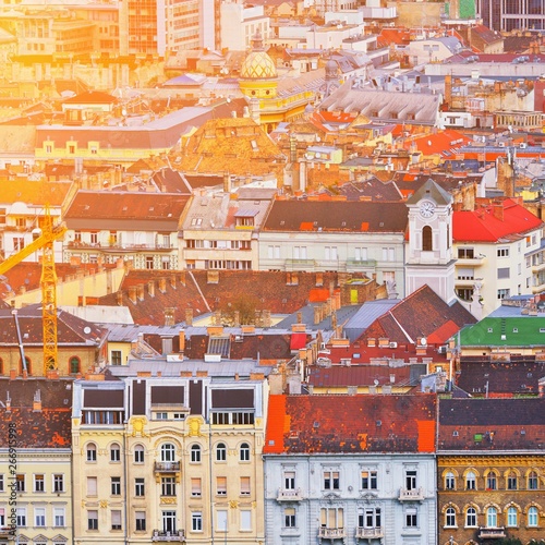 Budapest aerial panoramic view. Top view on street and avenue with old residential buildings and church in Budapest city, capital of Hungary. European summer skyline. Beautiful hungarian cityscape. photo