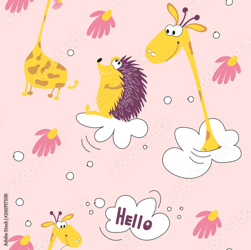 Seamless pattern funny yellow giraffe and kind hedgehog flying on clouds. Giraffe head, Daisy, pink background suitable for images on baby clothes, textiles, cards