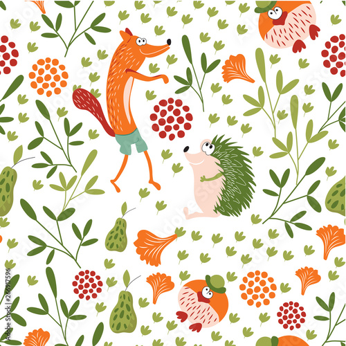 Forest animals seamless baby pattern. Sly Fox, hedgehog and Mr. bird walk in a forest glade. Background for children's room, books, fabrics, postcards