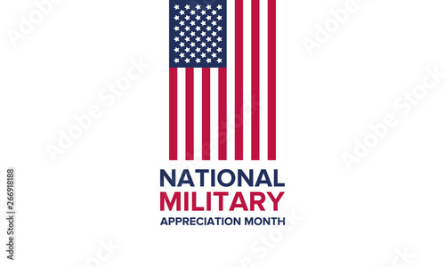 National Military Appreciation Month in May. Annual Armed Forces Celebration Month in United States. Poster, card, banner and background. Vector illustration