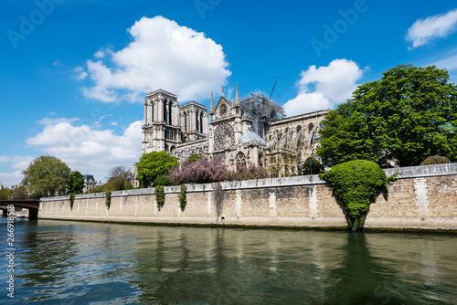 View on the Notre Dame de Paris Cathedral after fire from the Seine river bank during sunny day. Paris 2019.
