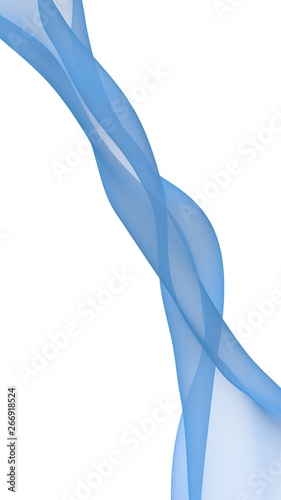 Abstract blue wave. Blue scarf. Bright blue ribbon on white background. Abstract smoke. Raster air background. Vertical image orientation. 3D illustration