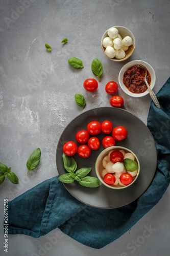 Small bowls with colorful ingredients of Caprese salad on a dark background, flat lay style