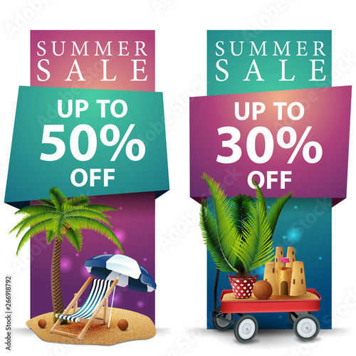 Summer sale, two discount banners with palm tree, beach chair, beach umbrella, garden cart with sand, sand castle and potted palm