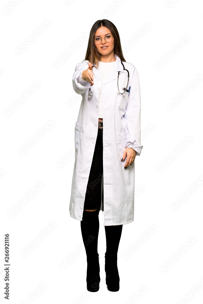Full body of Young doctor woman shaking hands for closing a good deal Full body of Young doctor woman shaking hands for closing a good deal