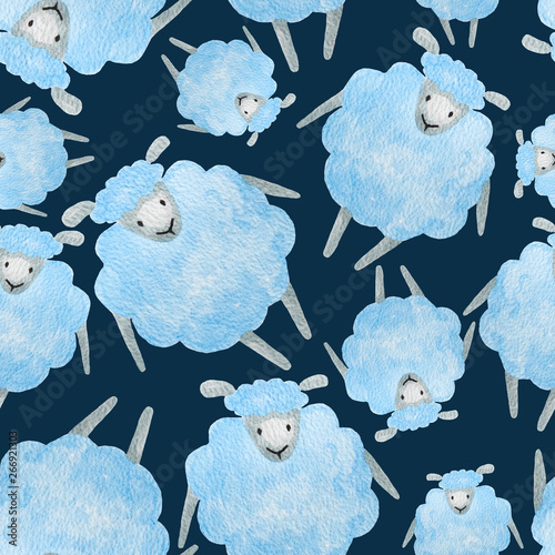 Cute blue sheeps - seamless pattern on navy blue background, hand drawn animals photo