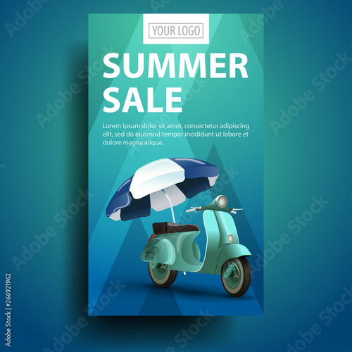 Summer sale, modern, stylish vertical banner for your business with scooter with a beach umbrella