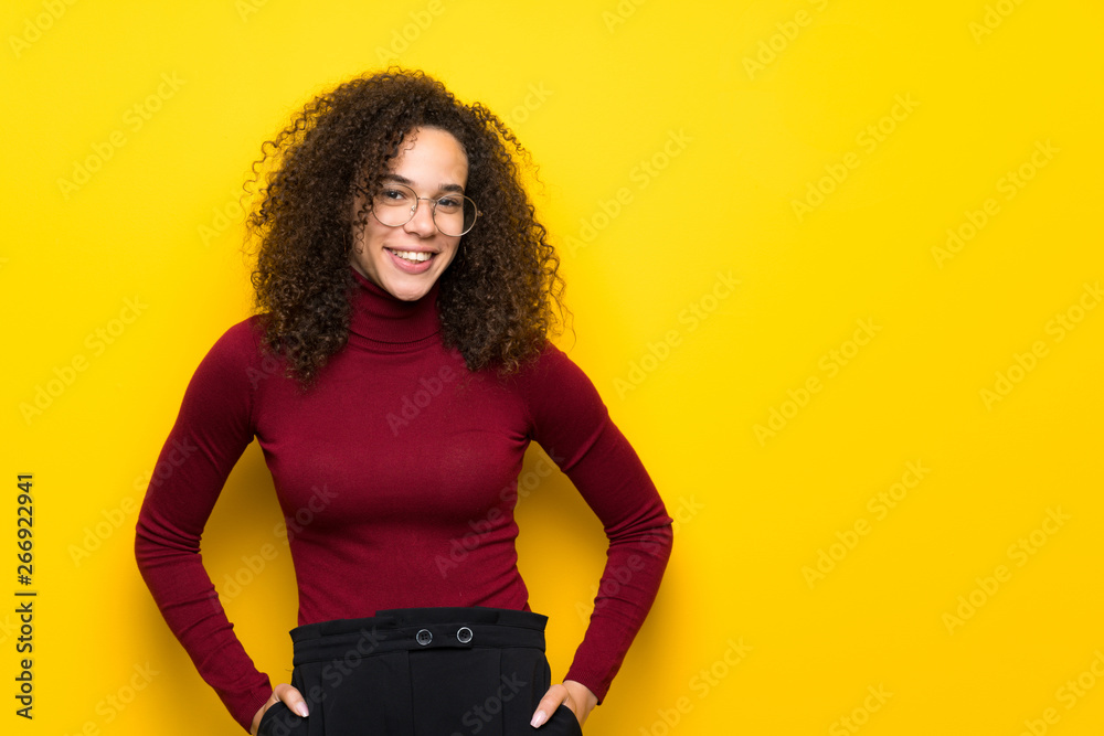 Dominican woman with turtleneck sweater With happy expression - obrazy, fototapety, plakaty 