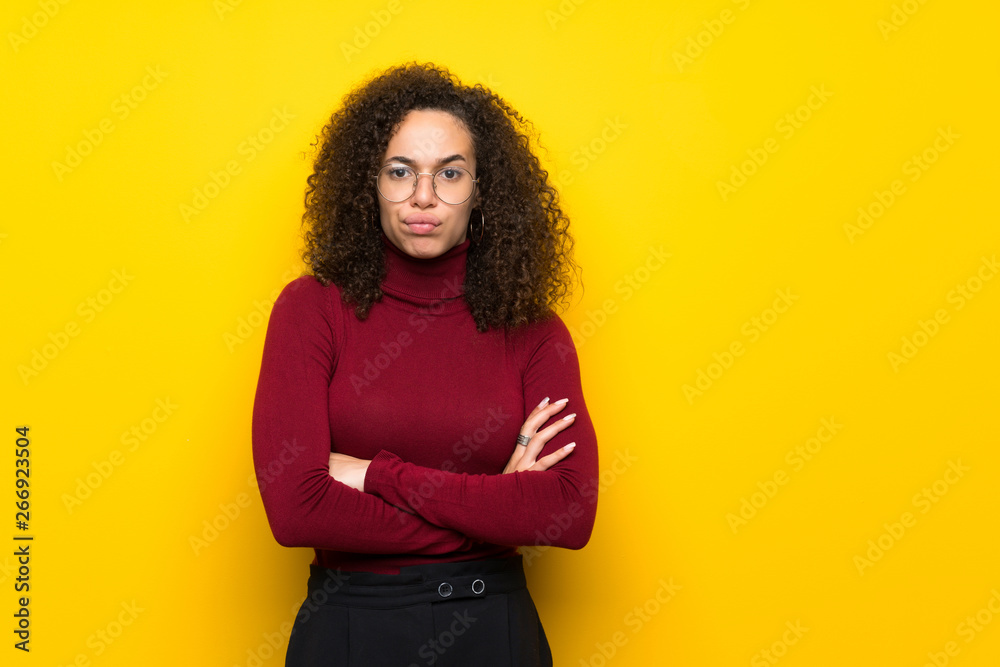 Dominican woman with turtleneck sweater angry Dominican woman with turtleneck sweater angry