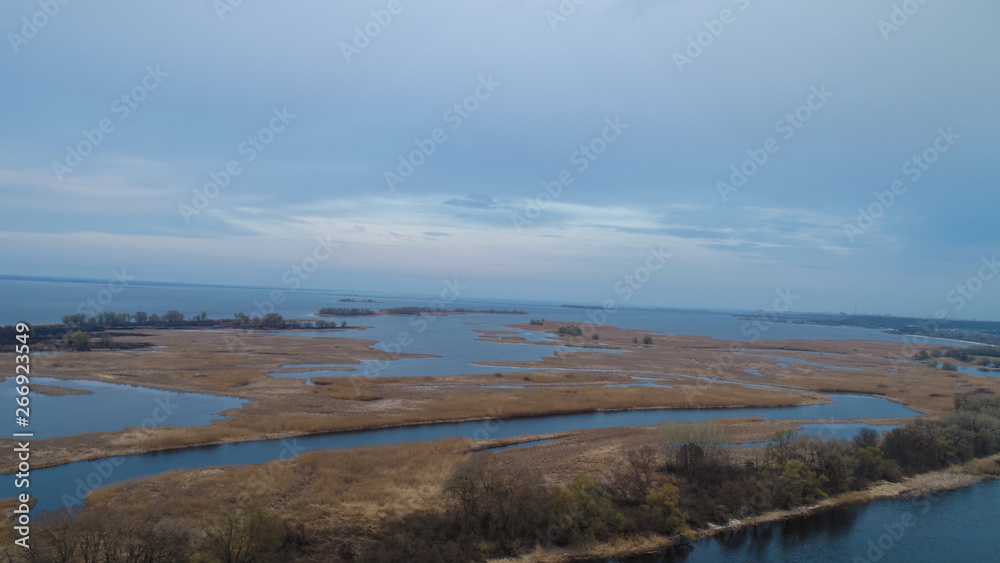 river with lot of islands aireal shoot 