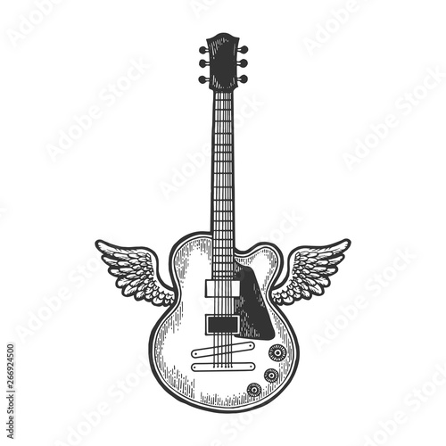 Flying Electric guitar with wings sketch engraving vector illustration. Scratch board style imitation. Black and white hand drawn image.