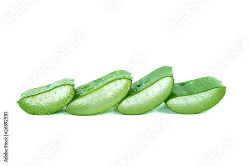 Fresh sliced aloe vera with water drops, isolated on a white background
