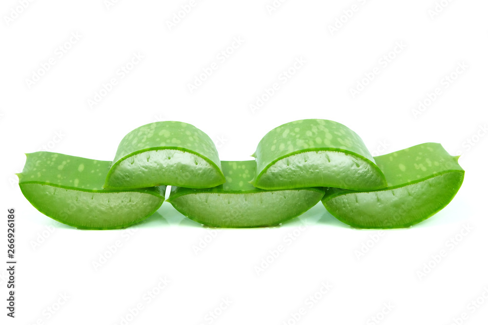Fresh sliced aloe vera with water drops, isolated on a white background Fresh sliced aloe vera with water drops, isolated on a white background