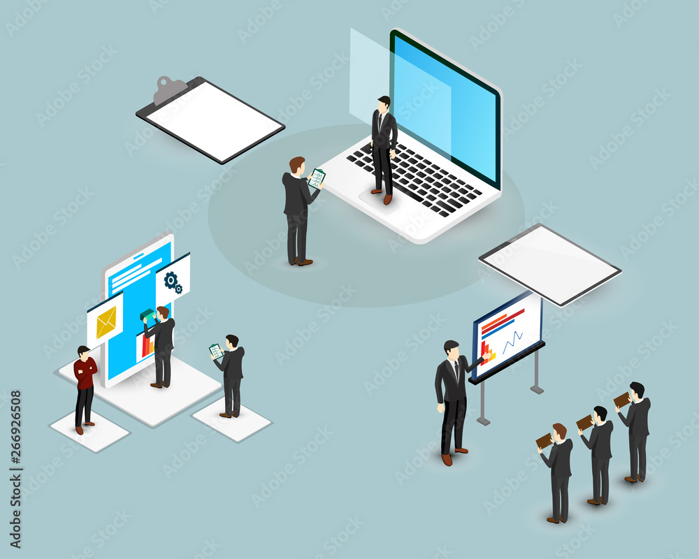Isometric business man working and big technology. Isometric business man working and big technology.