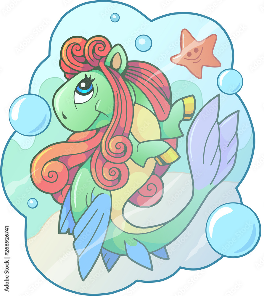Obraz premium Cartoon cute pony mermaid, funny illustration design