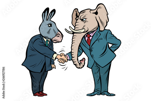 donkey shakes elephant hand. Democrats Republicans isolate on white background