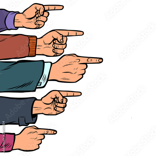 many hands point the finger isolate on white background