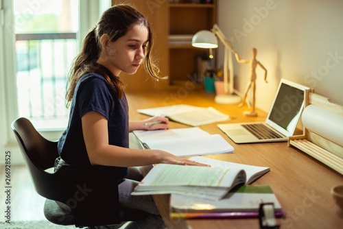 Teenage girl doing homework in her room photo