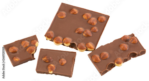 chocolate pieces with nuts isolated on white background