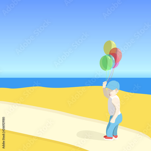 First of June. Holiday Childrens Day. Boy with balloons on the beach. Vector illustration.