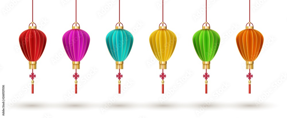 Set of hanging Chinese lanterns isolated on white background