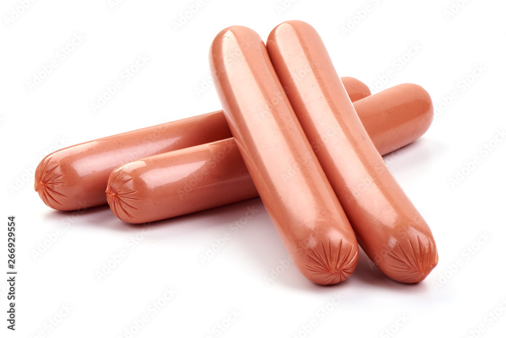 Fresh boiled sausage, close-up, isolated on white background. Fresh boiled sausage, close-up, isolated on white background.