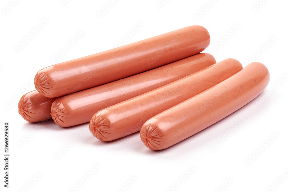 Fresh boiled sausage, close-up, isolated on white background. Fresh boiled sausage, close-up, isolated on white background.