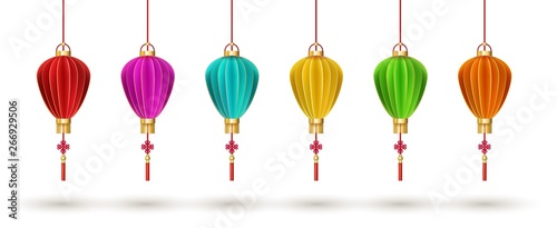 Set of hanging Chinese lanterns isolated on white background