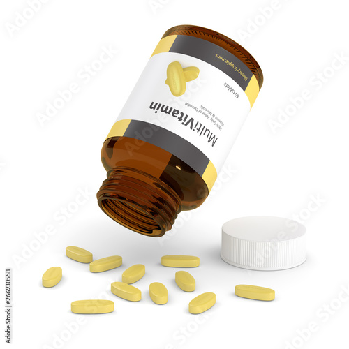 Tableau sur toile 3d render of multivitamin bottle with pills