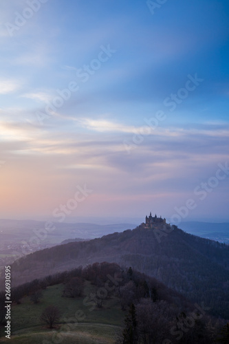 Germany, Castle hohenzollern in swabian jura in magical twilight atmosphere in springtime