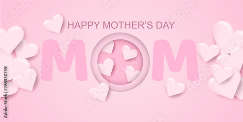 Happy Mother's day. Design with heart on soft pink background. light and shadow . Vector.
