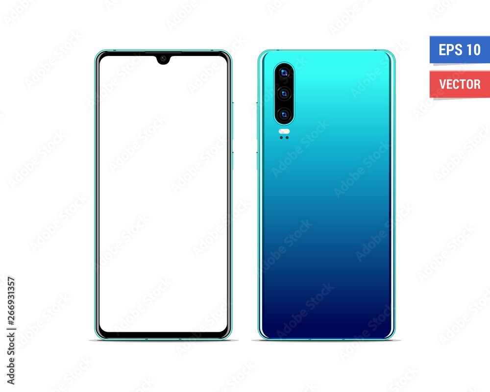 Realistic vector flat mock-up Huawei P30 with blank screen isolated on white background. Scale image any resolution Realistic vector flat mock-up Huawei P30 with blank screen isolated on white background. Scale image any resolution