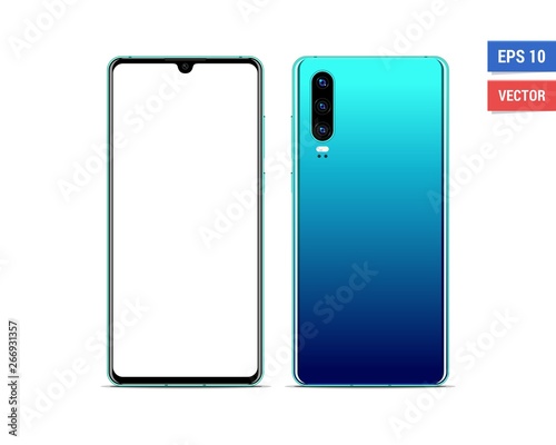 Realistic vector flat mock-up Huawei P30 with blank screen isolated on white background. Scale image any resolution photo