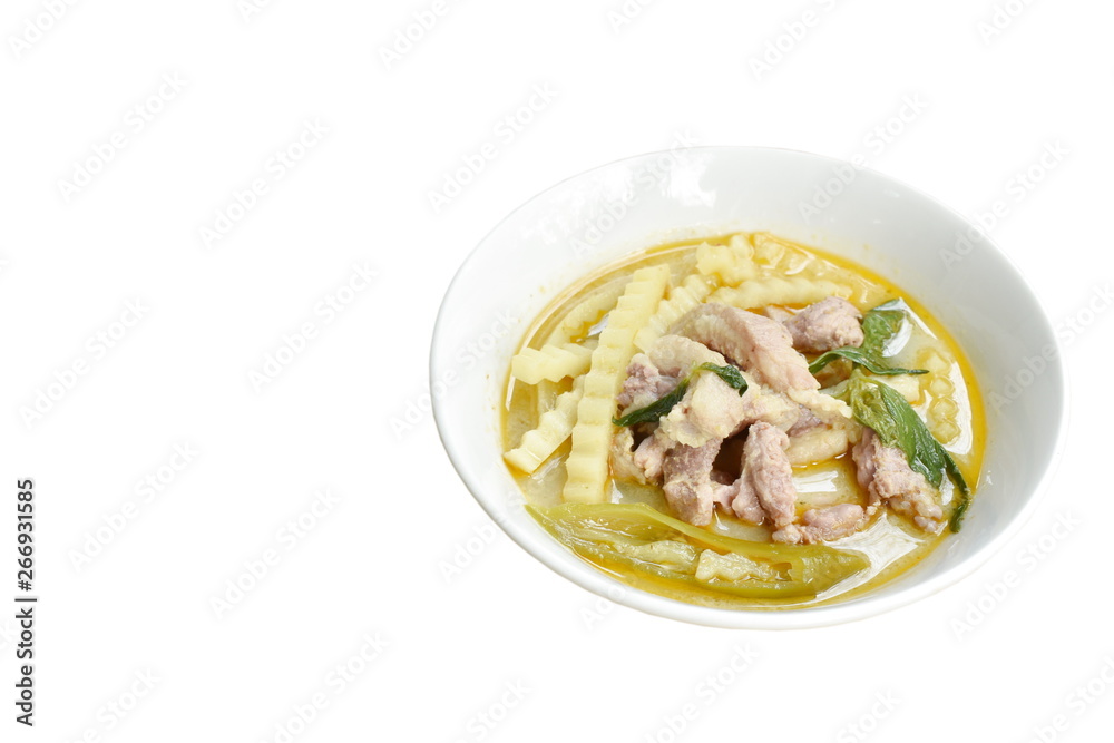 spicy boiled chicken with coconut shoot in curry on bowl spicy boiled chicken with coconut shoot in curry on bowl