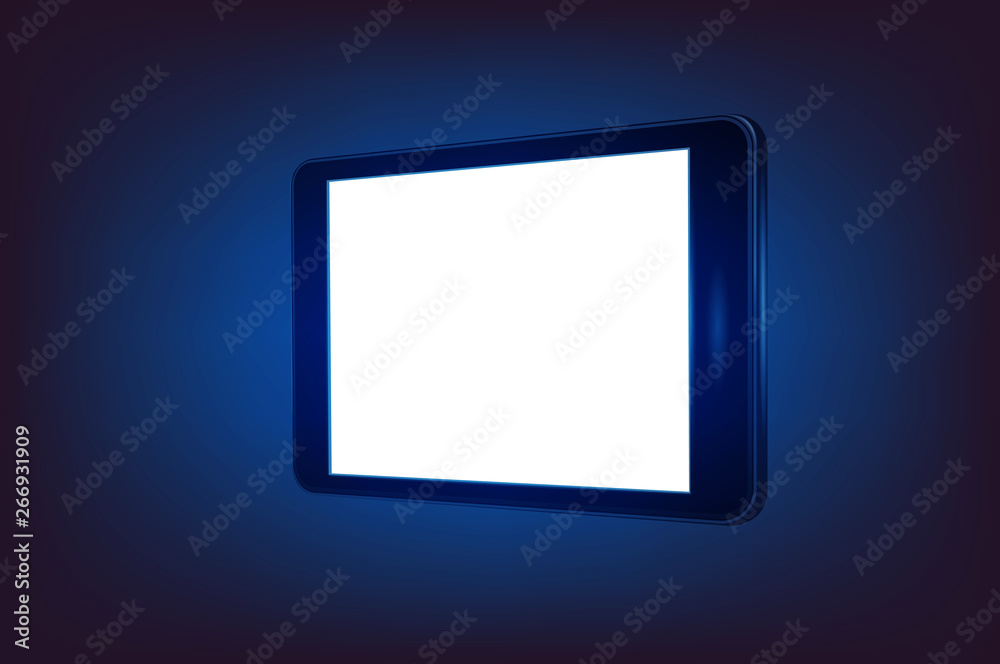 Technological illustration, phone image or tablet on a dark blue background, concept of gadgets and digital devices themes. White screen