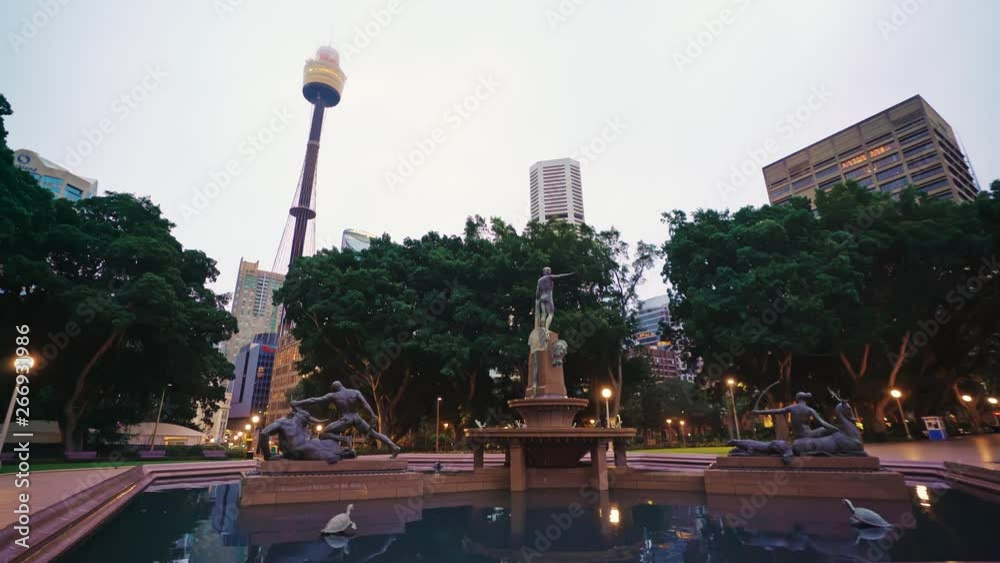 Timelapse of Car and Pedestrian Traffic Between Sydney Tower and Archibald Fountain at Dusk in St Mary's Suburbia of Australian Capital 4k Timelapse of Car and Pedestrian Traffic Between Sydney Tower and Archibald Fountain at Dusk in St Mary's Suburbia of Australian Capital 4k