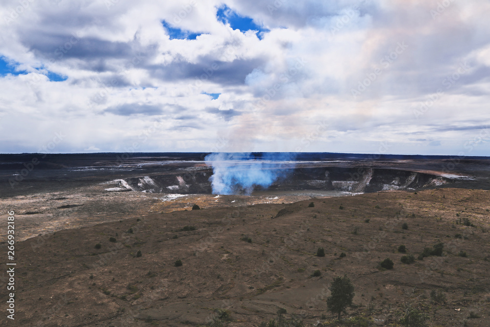 Volcanic crater with smoke 