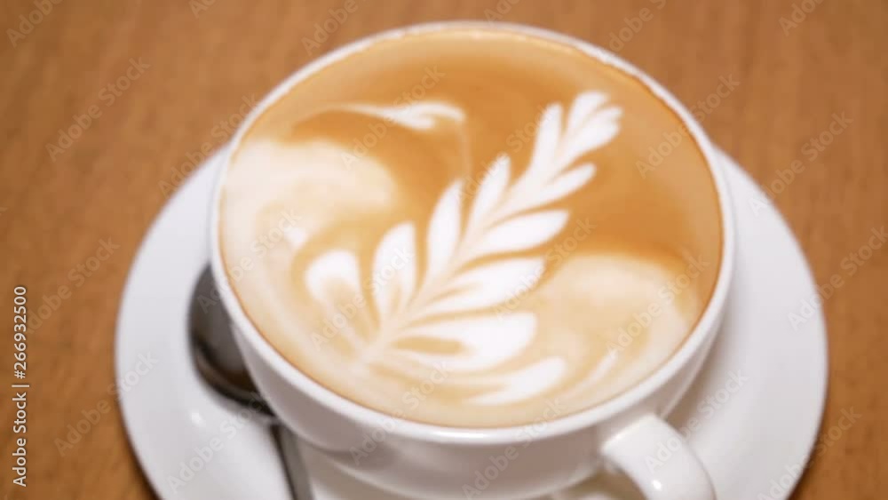 Coffee and foam on cappuccino. Coffee on table in restaurant. Drawing of milk on a cappuccino. Beautiful ornament in the form of a flower. Jewelry work with foam and milk. Coffee and foam on cappuccino. Coffee on table in restaurant. Drawing of milk on a cappuccino. Beautiful ornament in the form of a flower. Jewelry work with foam and milk.