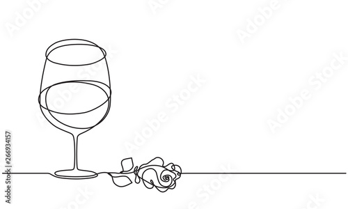 Wine glass and rose flower. Wedding. Vintage sketch. Pink champagne. Continuous line drawing