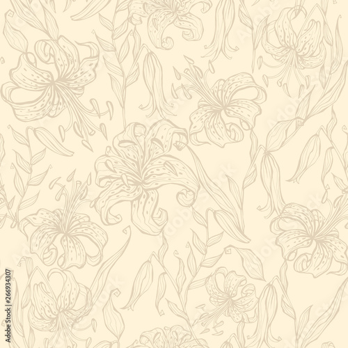 Seamless pattern. lilies on a vanilla background. Vector illustration.